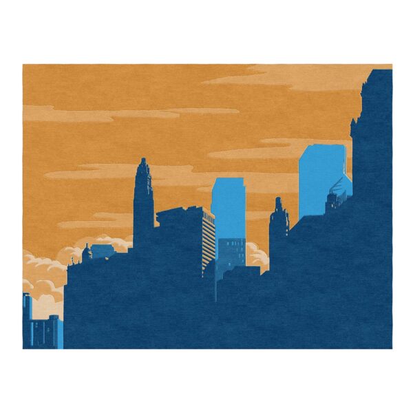 Chicago skyline custom tufted wool rug in blue and orange, 10'x13' size