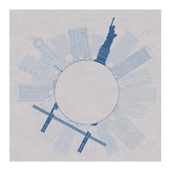 Circular New York skyline wool tufted area rug with Statue of Liberty in steel blue and white radial design