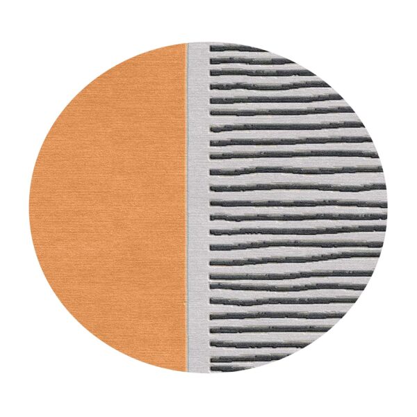 Contemporary dual-tone round tufted rug with orange and striped gray halves, 4 foot diameter