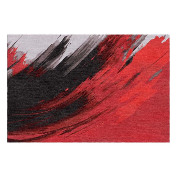 Abstract wool rug with dramatic red and black brushstrokes featuring silver accents and sweeping movement pattern