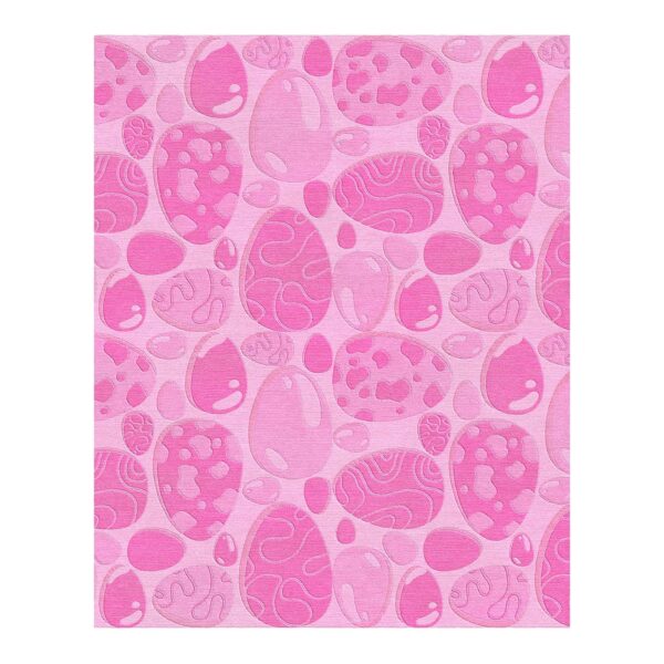 Pink wool area rug with decorative Easter egg pattern featuring swirls and dots in multiple pink shades