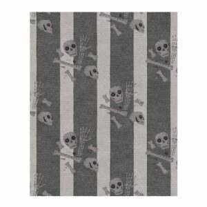 Custom tufted wool rug with pirate skull pattern on gray striped background, 8'x10'