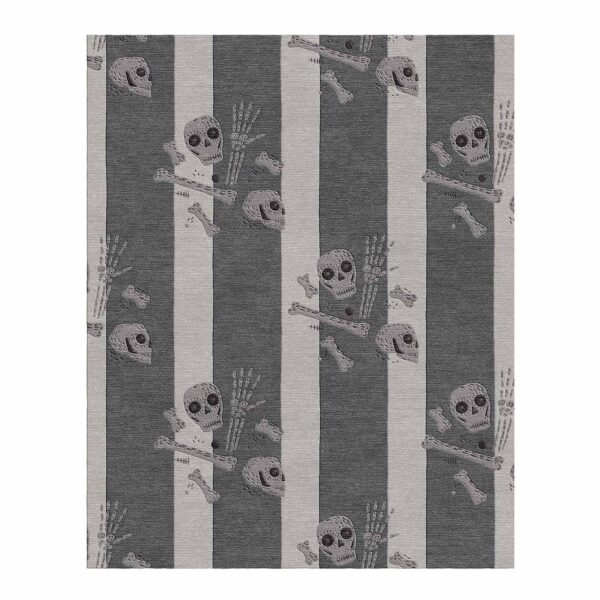 Custom tufted wool rug with pirate skull pattern on gray striped background, 8'x10'