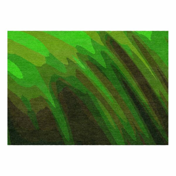 Modern green vector pattern wool area rug with flowing lava-inspired design, hand-tufted in lime and forest tones