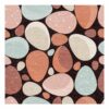 Modern wool area rug with floating Easter egg design in coral, mint and blush on black background