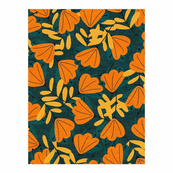 Custom tufted wool rug with vibrant orange autumn floral pattern on teal background, 9'x12'