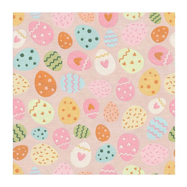 Multi-colored pastel Easter egg pattern wool rug with decorative motifs on blush pink background