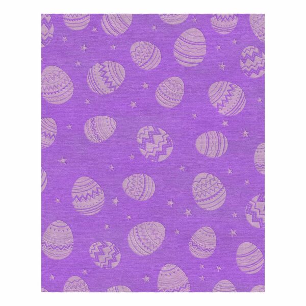 Purple wool area rug with patterned Easter eggs and stars in lilac geometric designs