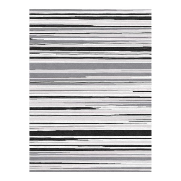 Custom tufted wool rug with black, white, and gray horizontal striped pattern, size 9'x12'