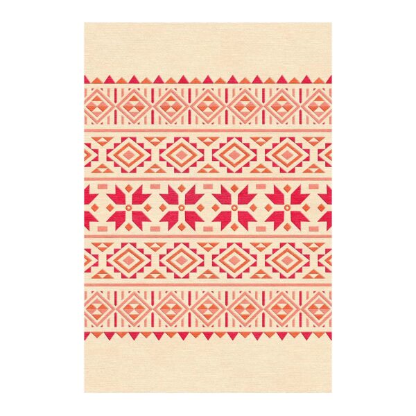 Custom tufted cream rug with coral and red Native American-inspired geometric pattern, 6'x9'