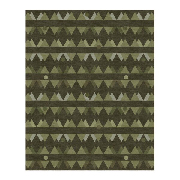 12'x15' tufted wool rug with forest-inspired triangle pattern in shades of green