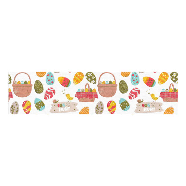 Easter egg hunt themed wool runner with decorated eggs, baskets, chicks and hunt signs in cheerful spring colors on white background, 3x12 feet