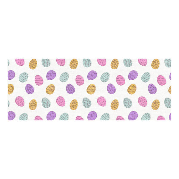 Easter egg patterned wool runner with hand-drawn decorated eggs in pink, purple, mint and yellow on white background, 3x8 feet