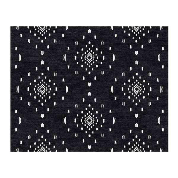 Custom tufted 8x10 black rug with white ethnic ikat abstract pattern