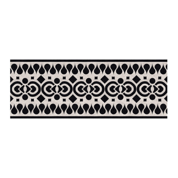 Ethnic ornament wool runner rug with black and white geometric border pattern, 3'x8'