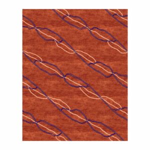 Custom tufted wool rug with flowing linked pattern in garnet, navy, and peach, 8'x10'