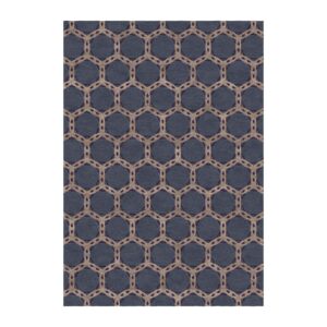 Custom tufted wool rug with hexagonal pattern in navy and beige, size 7'x10'