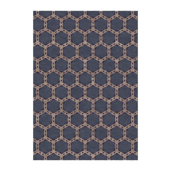 Custom tufted wool rug with hexagonal pattern in navy and beige, size 7'x10'