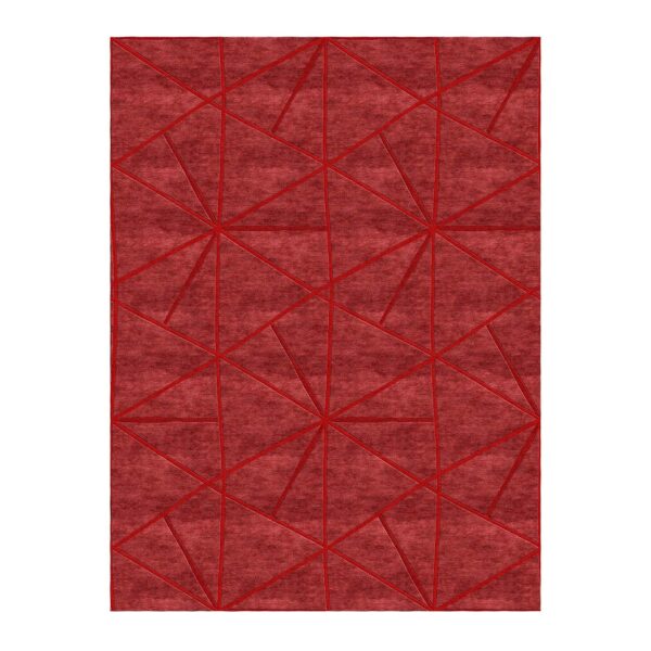 Custom tufted wool rug with geometric prism pattern in rose red and vibrant red accents, 9'x12'