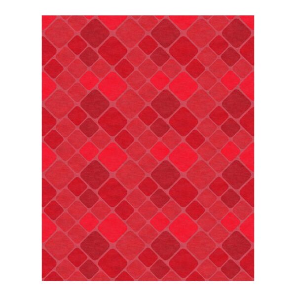 Geometric red abstract square pattern wool tufted rug, 8x10 feet, featuring varied red shades in a mosaic design