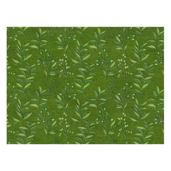 Luxury green wool area rug featuring delicate leaf stems and berry pattern in tonal forest green shades