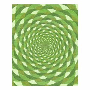 Modern wool area rug with hypnotic green spiral pattern creating optical illusion effect