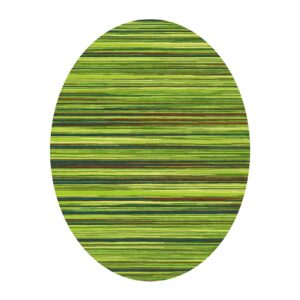 Custom tufted 9-foot oval rug with horizontal green striped pattern in various shades, made from New Zealand wool