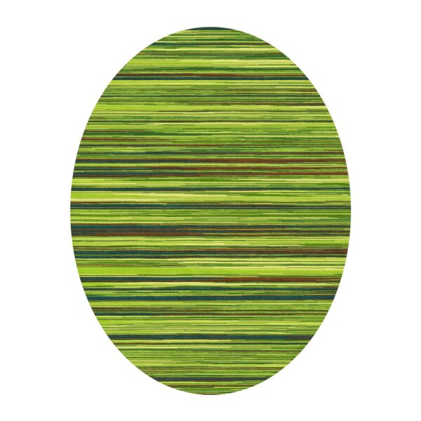 Custom tufted 9-foot oval rug with horizontal green striped pattern in various shades, made from New Zealand wool