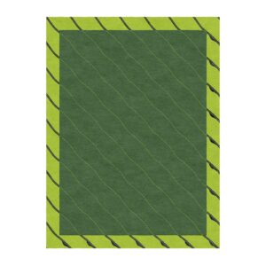 Custom tufted 9'x12' rectangular rug with forest green center, lime green border, and wavy linear pattern, made from New Zealand wool