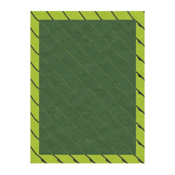 Custom tufted 9'x12' rectangular rug with forest green center, lime green border, and wavy linear pattern, made from New Zealand wool