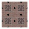 Modern square wool rug with geometric flower pattern in mauve and charcoal on grey background with black circular accents