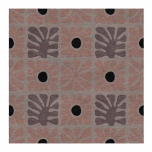 Modern square wool rug with geometric flower pattern in mauve and charcoal on grey background with black circular accents