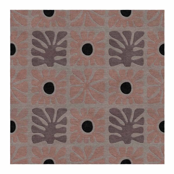 Modern square wool rug with geometric flower pattern in mauve and charcoal on grey background with black circular accents