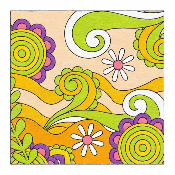 Psychedelic wool tufted rug with lime green swirls, yellow waves, white daisies and purple flower accents on cream background, 8x8 square