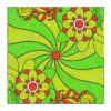 Psychedelic wool tufted rug with lime green spiral pattern, coral-red and lime flowers, yellow accents on green background, 8x8 square