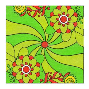 Psychedelic wool tufted rug with lime green spiral pattern, coral-red and lime flowers, yellow accents on green background, 8x8 square