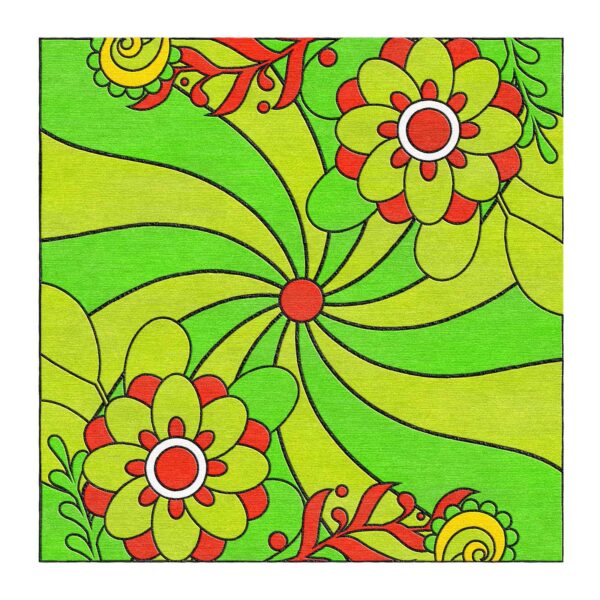 Psychedelic wool tufted rug with lime green spiral pattern, coral-red and lime flowers, yellow accents on green background, 8x8 square