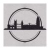 Custom tufted London skyline emblem square rug with black silhouette on light gray background, size 4'x4'