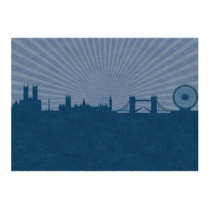 Custom tufted wool rug featuring London skyline silhouette in dark blue against light blue sunburst pattern, 5'x7' size