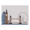 Custom tufted wool rug featuring London landmarks skyline in blue and gold tones, 5'x7' size