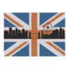 Custom tufted Union Jack rug with London skyline in blue, orange, and white, size 5'x7'