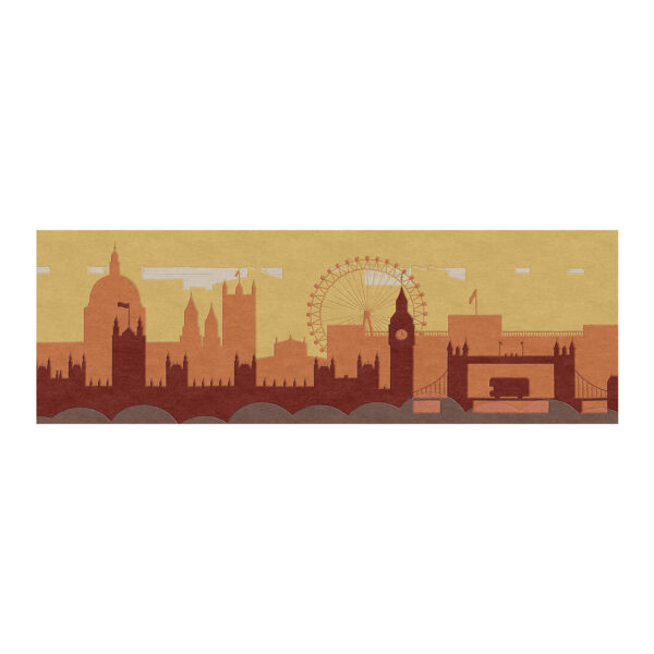 Custom tufted London skyline runner rug in gold and terracotta, featuring iconic landmarks, size 3'x8'