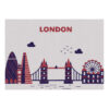 Custom tufted wool rug featuring stylized London skyline in red and navy blue on light gray background, 5'x7' size