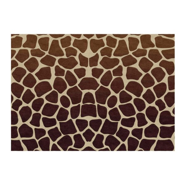 Custom tufted wool area rug with chocolate brown and ivory giraffe print pattern, 5 feet by 7 feet