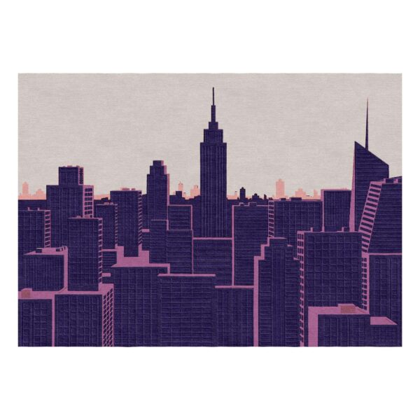 New York City skyline wool tufted area rug featuring Empire State Building in navy blue and dusty rose urban design