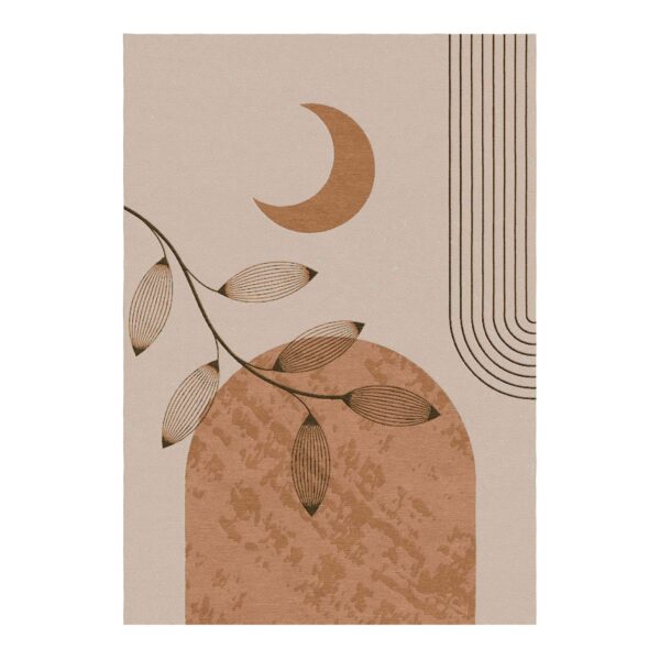 Mid-century modern boho rug with moon, plant, and geometric shapes in beige and brown tones, 7'x10'