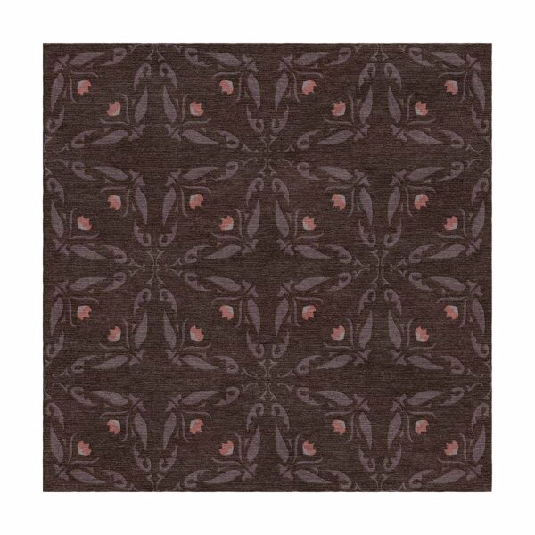 Dark brown square wool rug with intricate floral pattern, custom tufted, 8 by 8 feet