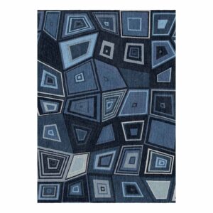 Blue irregular geometric mosaic pattern custom tufted wool rug, 10'x14', featuring abstract design in various shades of blue from navy to sky