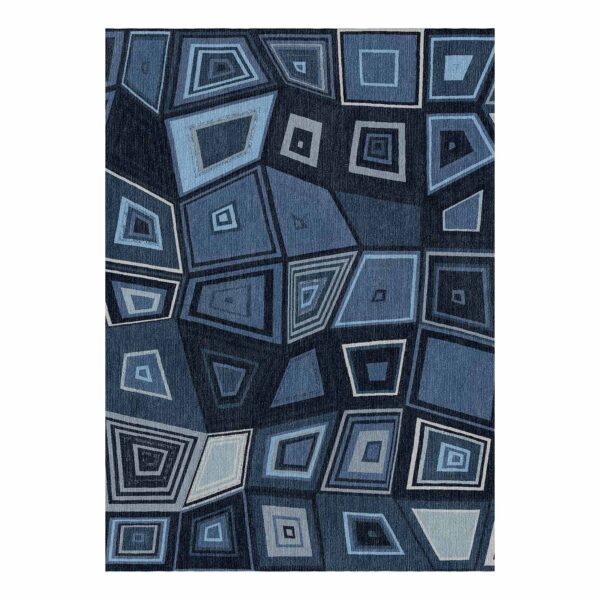 Blue irregular geometric mosaic pattern custom tufted wool rug, 10'x14', featuring abstract design in various shades of blue from navy to sky