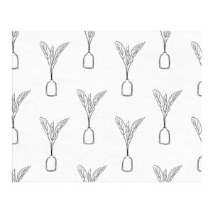 Hand-tufted wool area rug with charcoal gray line drawings of plants in vases on white background, 8x10 feet